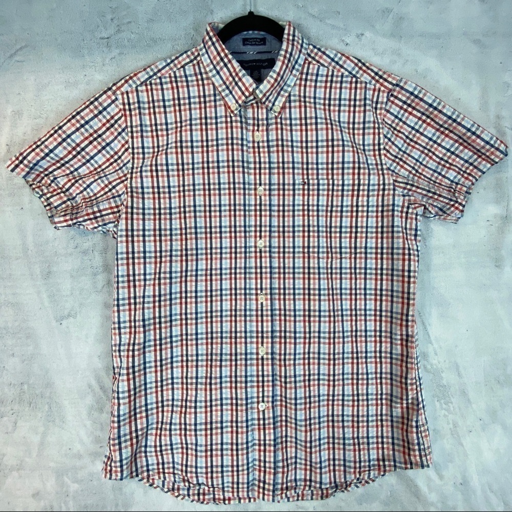 Tommy Hilfiger Shirt Mens Large Short Sleeve Button Down Seersucker Custom Fit